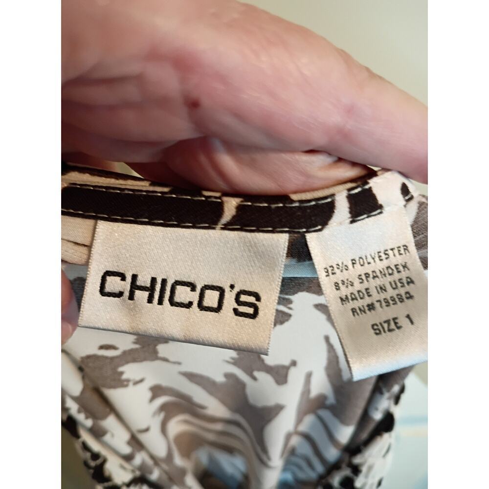 Chicos Top Brown Floral Draped Neck Sz 1 M Business Casual Stretch - Picture 4 of 6